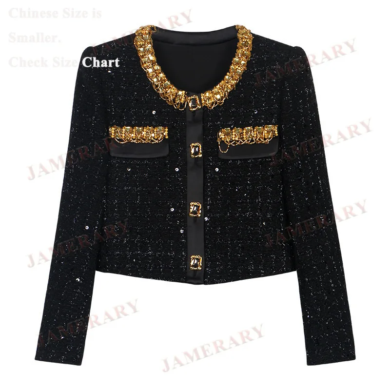 Fashion Luxury Pearl Tweed Jacket Women Coats Long Sleeve Black Crystal Pearl Office Lady Outfits
Fashion Luxury Pearl Tweed Jacket Women Coats Long Sleeve Black Crystal Pearl Office Lady Outfits