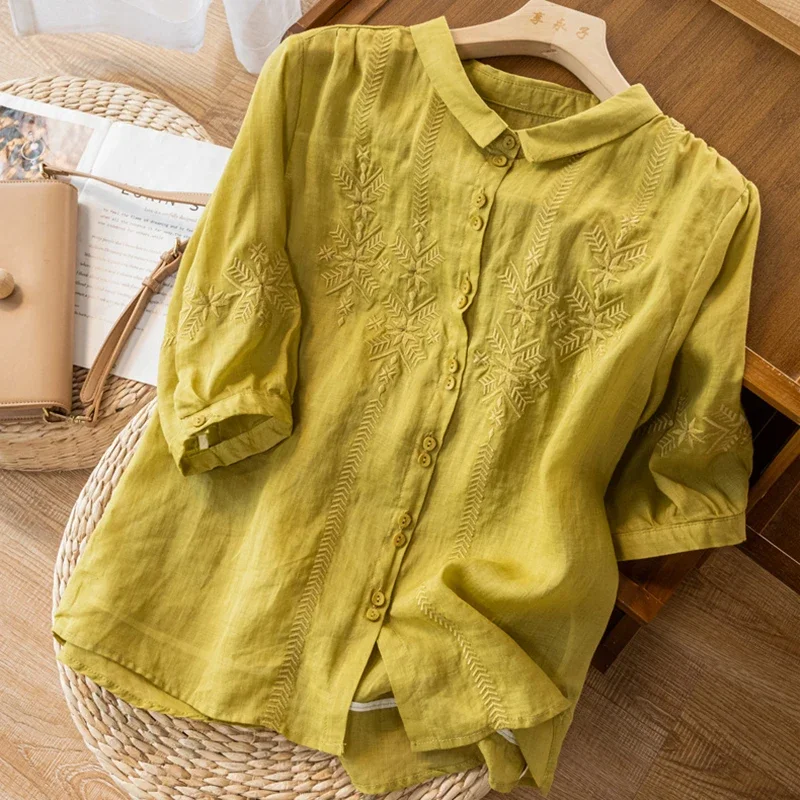 2024 Summer New Arts Style Women Short Sleeve Turn-down Collar Loose Shirts Vintage Embroidery Cotton Linen Blouse Tops J244
2024 Summer New Arts Style Women Short Sleeve Turn-down Collar Loose Shirts Vintage Embroidery Cotton Linen Blouse Tops J244