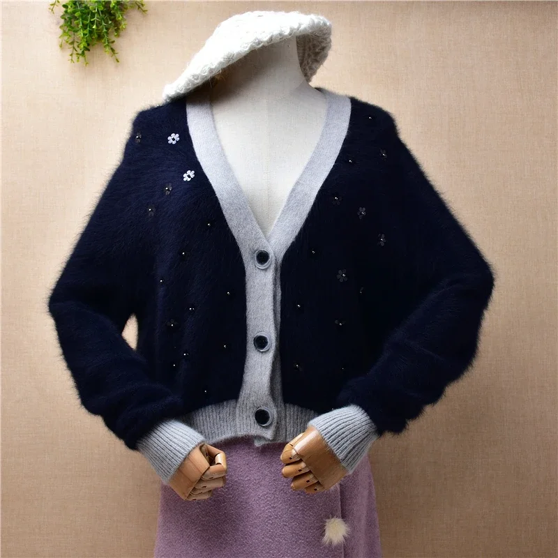 Female Women Fall Winter Blue Beaded Hairy Angora Rabbit Hair Knitted V-Neck Short Style Loose Cardigan Angora Fur Jacket Coat
Female Women Fall Winter Blue Beaded Hairy Angora Rabbit Hair Knitted V-Neck Short Style Loose Cardigan Angora Fur Jacket Coat