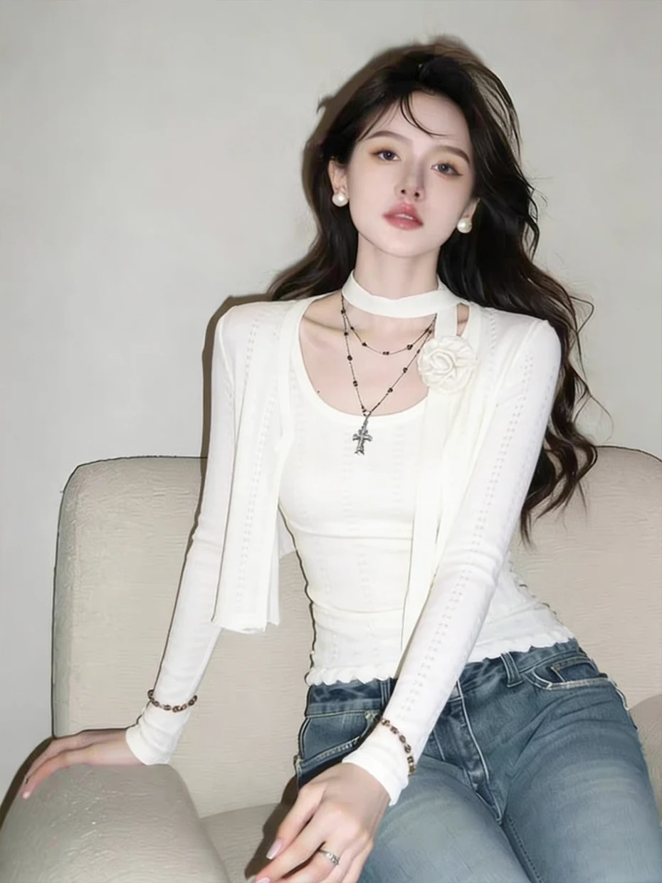 White Knitted Hollow out Cardigan with Strap Two-Piece Set Women Summer Outerwear Unique Beautiful Top Polyester Fiber
White Knitted Hollow out Cardigan with Strap Two-Piece Set Women Summer Outerwear Unique Beautiful Top Polyester Fiber