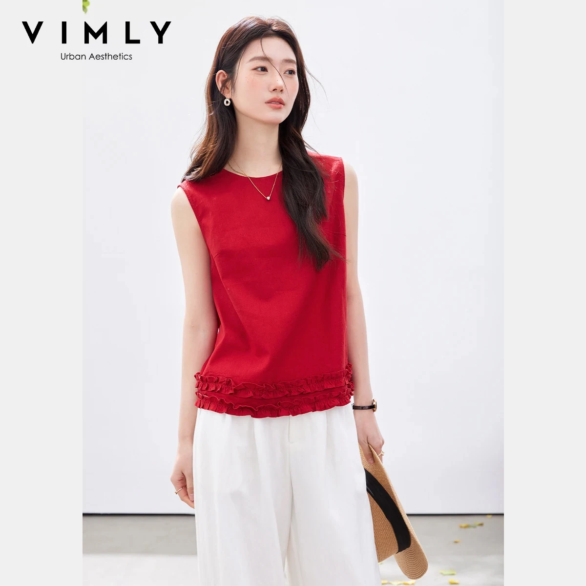 VIMLY Women's Red Cotton Linen Sleeveless Shirt 2026 Summer New Minimalist Crew Neck Ruffle Hem Loose Lightweight Blouse A6032
VIMLY Women's Red Cotton Linen Sleeveless Shirt 2026 Summer New Minimalist Crew Neck Ruffle Hem Loose Lightweight Blouse A6032
