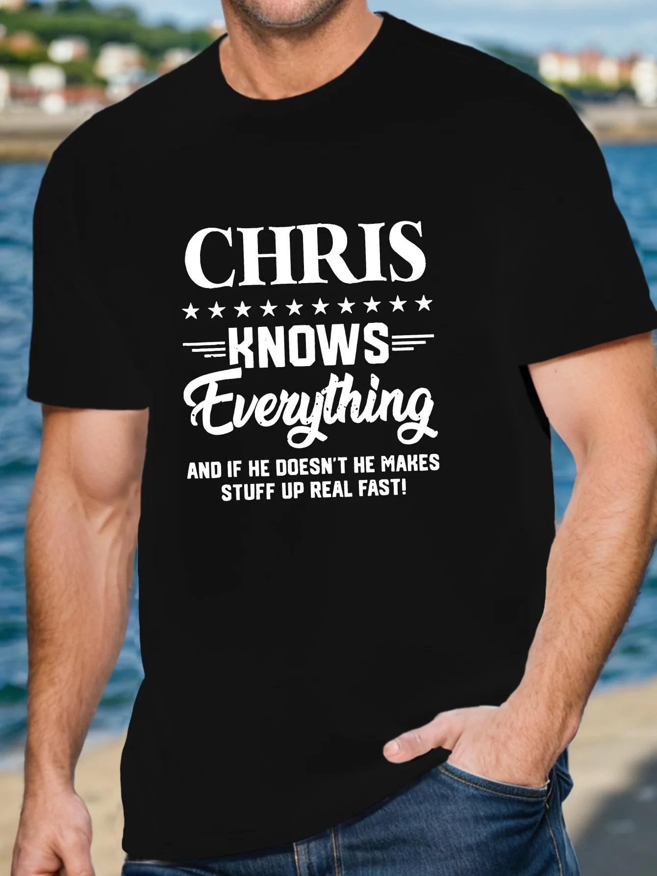Chris Knows Everything" Men's Casual Short Sleeve T-Shirt - Breathable Polyester, Geometric Print
Chris Knows Everything" Men's Casual Short Sleeve T-Shirt - Breathable Polyester, Geometric Print