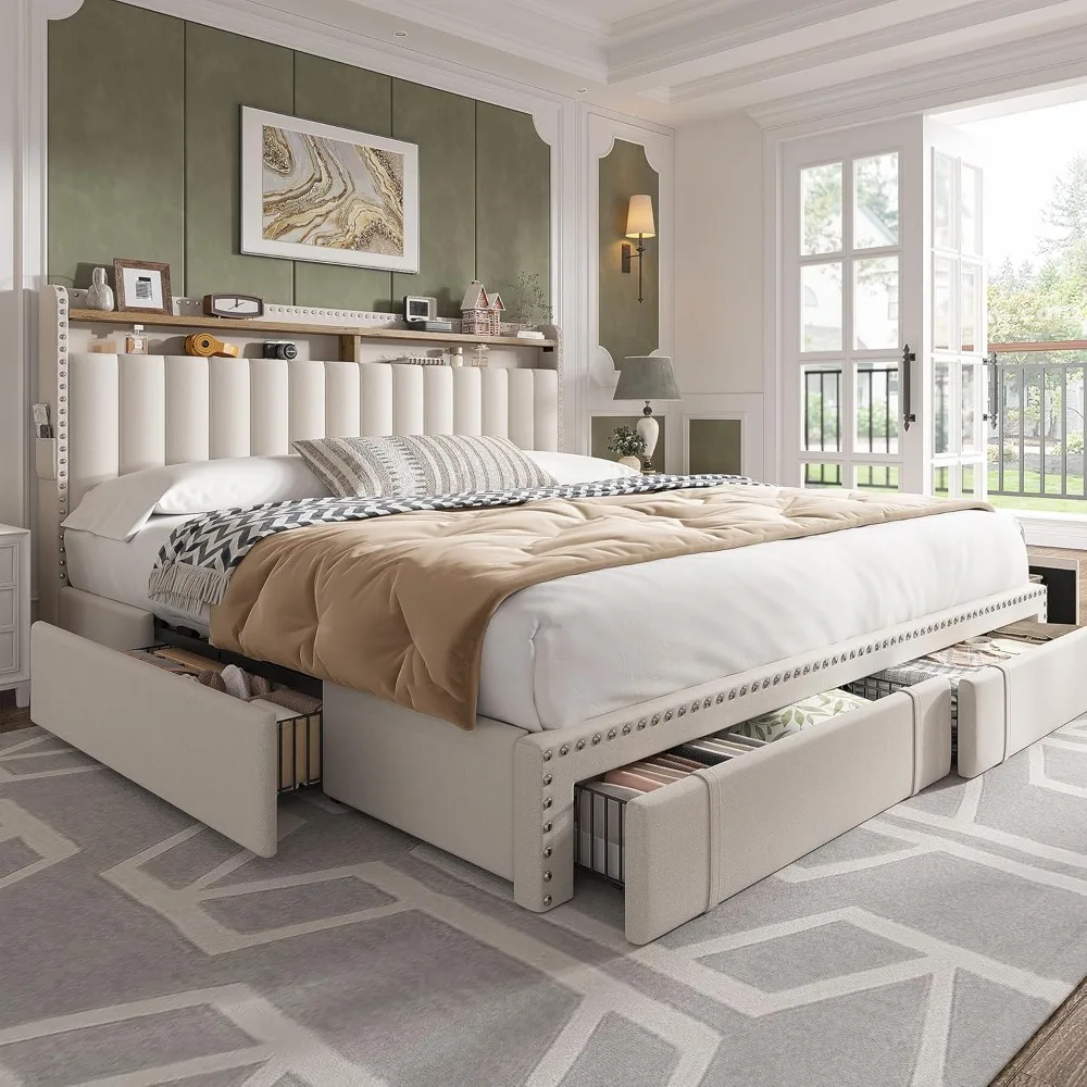 Bed frame with 4 storage drawers, headboard, 2-story shelves, and a powerful support bed frame weighing 1200 pounds
Bed frame with 4 storage drawers, headboard, 2-story shelves, and a powerful support bed frame weighing 1200 pounds