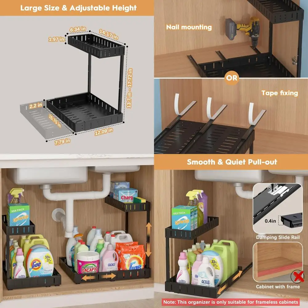 2-Tier Adjustable Kitchen & Bathroom Pull-Out Organizer, Black, 2-Pack
2-Tier Adjustable Kitchen & Bathroom Pull-Out Organizer, Black, 2-Pack