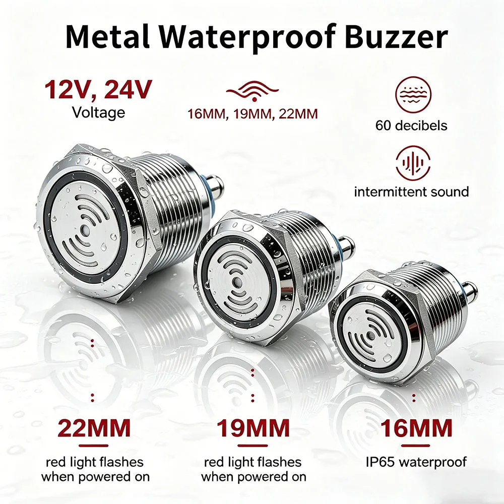 16mm 19mm 22mm Metal LED Buzzer IP65 Waterproof 12V 24V 60dB Intermittent Sound Red Flash Alarm Indicator for Industrial Control
16mm 19mm 22mm Metal LED Buzzer IP65 Waterproof 12V 24V 60dB Intermittent Sound Red Flash Alarm Indicator for Industrial Control