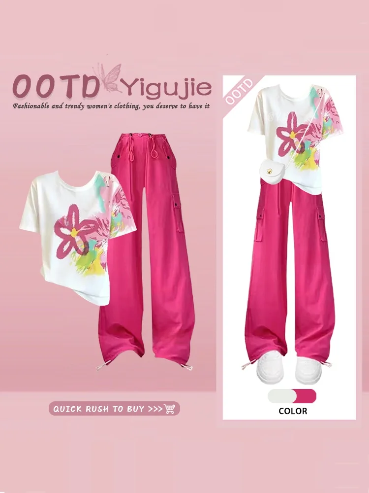 Retro American Graffiti Cool Dopaamine Style Short Sleeve T-Shirt Top Pink Workwear Pants Casual Two-Piece Set Women
Retro American Graffiti Cool Dopaamine Style Short Sleeve T-Shirt Top Pink Workwear Pants Casual Two-Piece Set Women