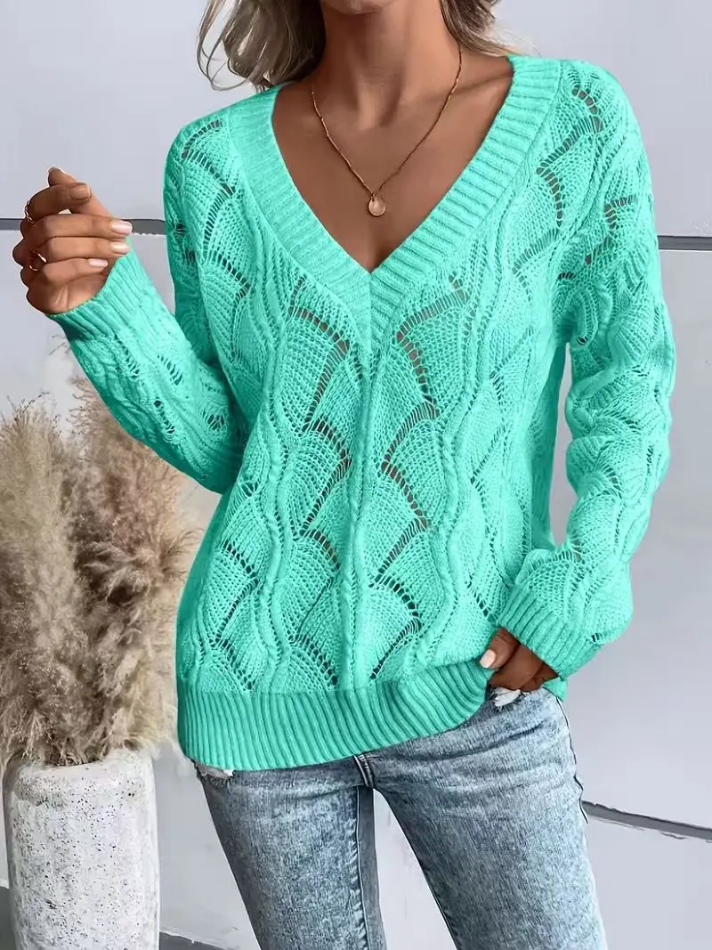 Women's Openwork Knit V-Neck Drop-Shoulder Sweater, Spring/Summer/Fall Style, Elegant Design
Women's Openwork Knit V-Neck Drop-Shoulder Sweater, Spring/Summer/Fall Style, Elegant Design