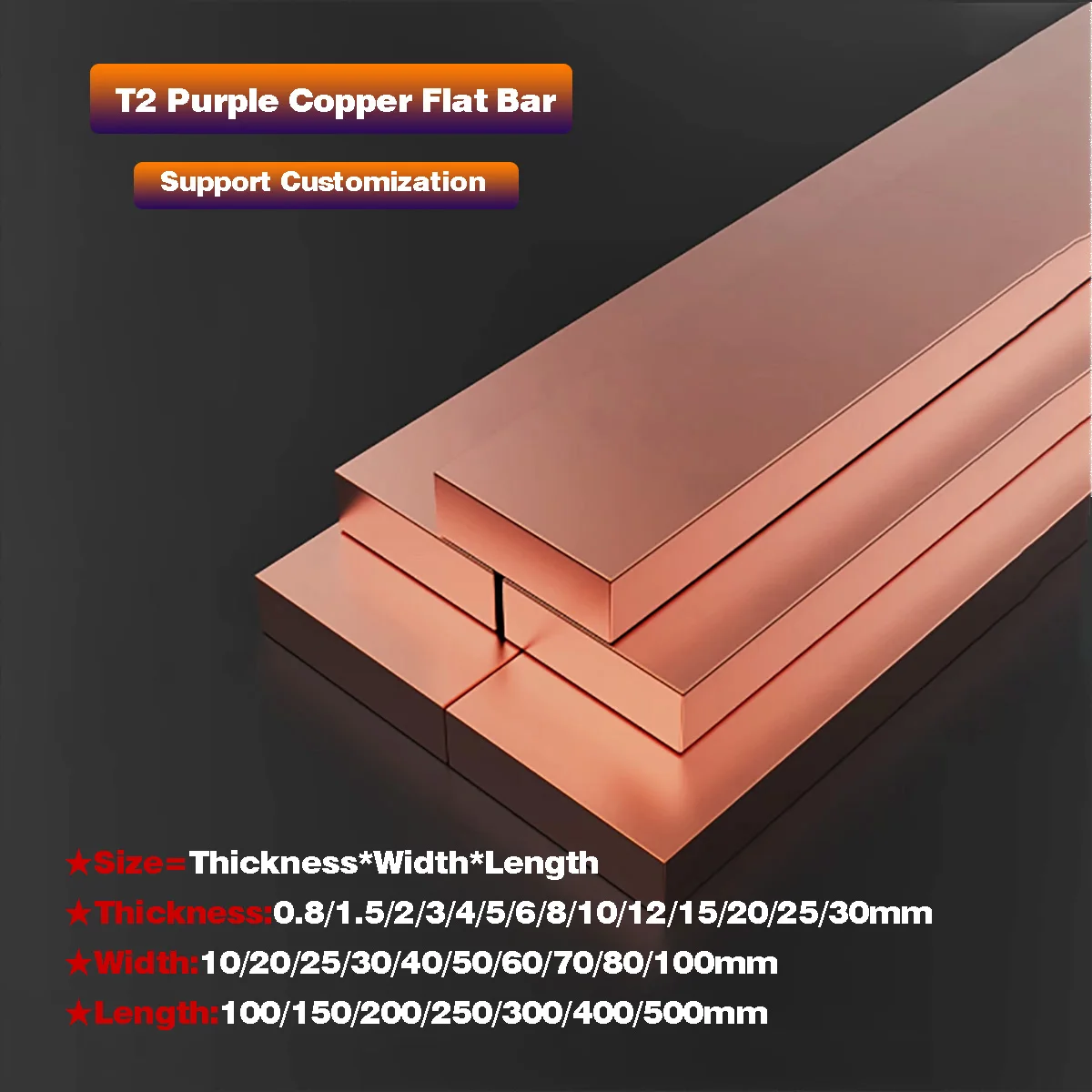 T2 Purple Copper Flat Bar/Pure Red Copper Plate Processing Customization Thickness 0.8mm-30mm
T2 Purple Copper Flat Bar/Pure Red Copper Plate Processing Customization Thickness 0.8mm-30mm