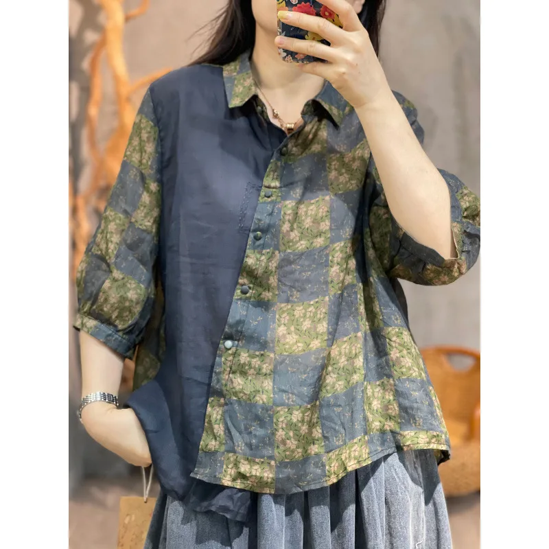 Chinese Style Print Collar Irregular Hem Five-Sleeve Shirt for Women - New Summer Linen Patchwork Thin Loose T-Shirt
Chinese Style Print Collar Irregular Hem Five-Sleeve Shirt for Women - New Summer Linen Patchwork Thin Loose T-Shirt