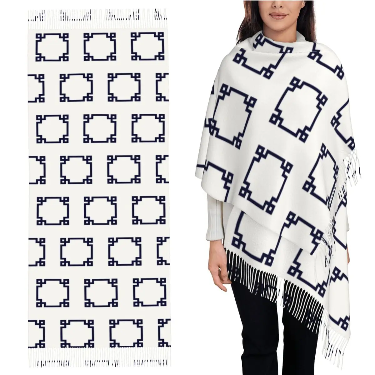 Navy Blue Greek Key Square On White Scarf Tassel Scarves Women Soft Warm Shawls and Wraps Long Fall Winter Shawl Wrap
Navy Blue Greek Key Square On White Scarf Tassel Scarves Women Soft Warm Shawls and Wraps Long Fall Winter Shawl Wrap