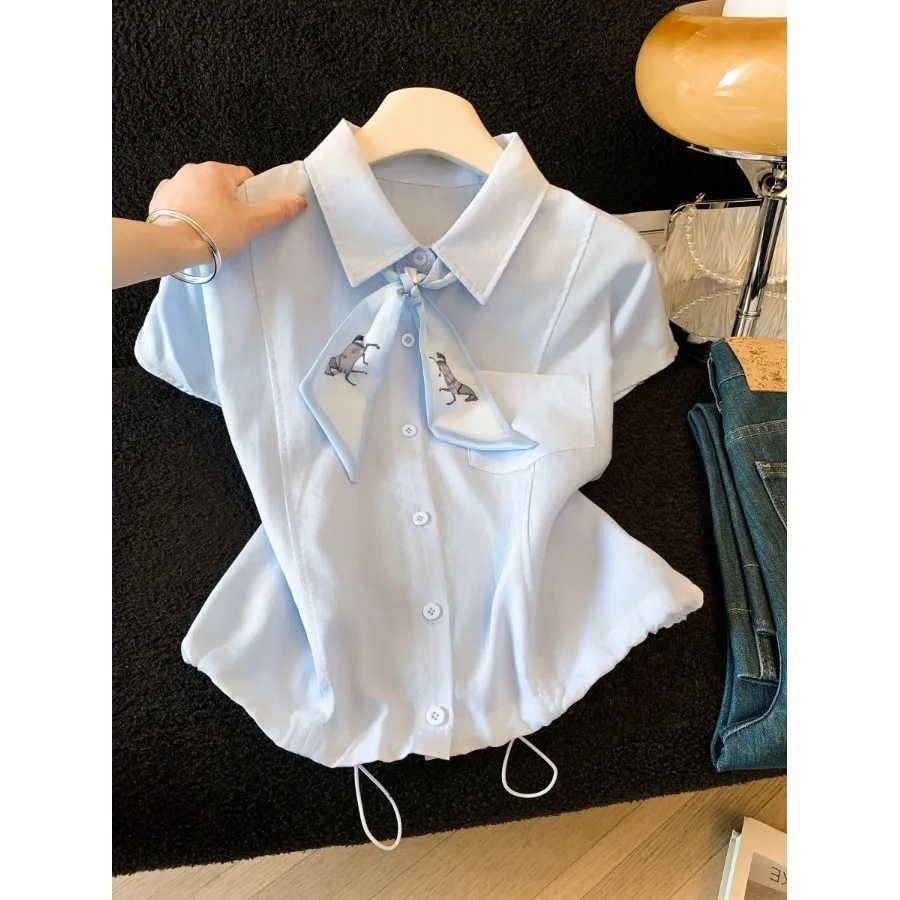 Sweet Bowtie Collar Short Sleeve Shirt Women's Spring Summer College Style Design Slimming Top Casual Loose Fit Citywalk
Sweet Bowtie Collar Short Sleeve Shirt Women's Spring Summer College Style Design Slimming Top Casual Loose Fit Citywalk