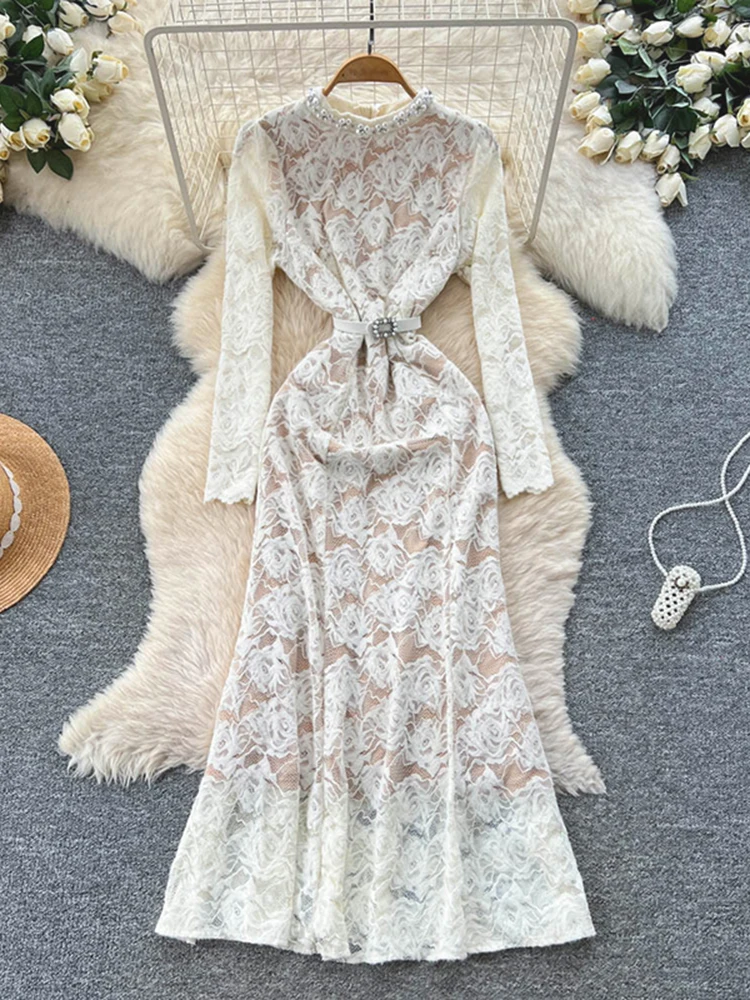 Spring Autumn Fashion Standing Collar Nail Bead Lace Dress for Women New French Apricot Elegant Party Long Sleeve Dress S278
Spring Autumn Fashion Standing Collar Nail Bead Lace Dress for Women New French Apricot Elegant Party Long Sleeve Dress S278