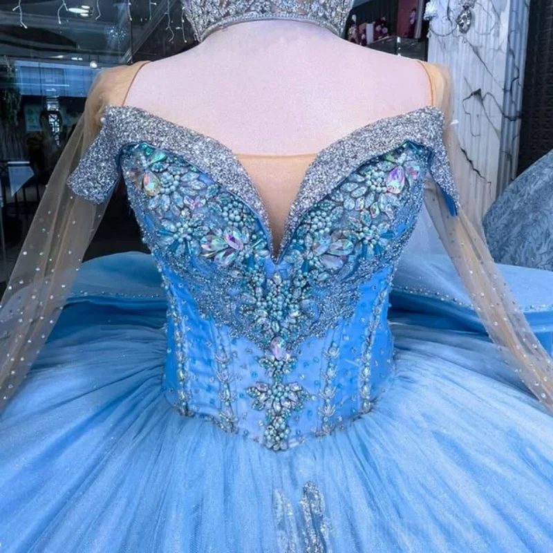 Shiny blue Quinceanera Dress glitter Decal crystal Lace Long tail Bow Vestidos De 15 Quinceanera Customize
Shiny blue Quinceanera Dress glitter Decal crystal Lace Long tail Bow Vestidos De 15 Quinceanera Customize