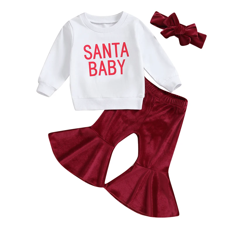 Toddler Baby Girl Fall Outfits Letter Print Crew Neck Sweatshirts Velvet Flare Pants Headband 3Pcs Christmas Clothes Set
Toddler Baby Girl Fall Outfits Letter Print Crew Neck Sweatshirts Velvet Flare Pants Headband 3Pcs Christmas Clothes Set