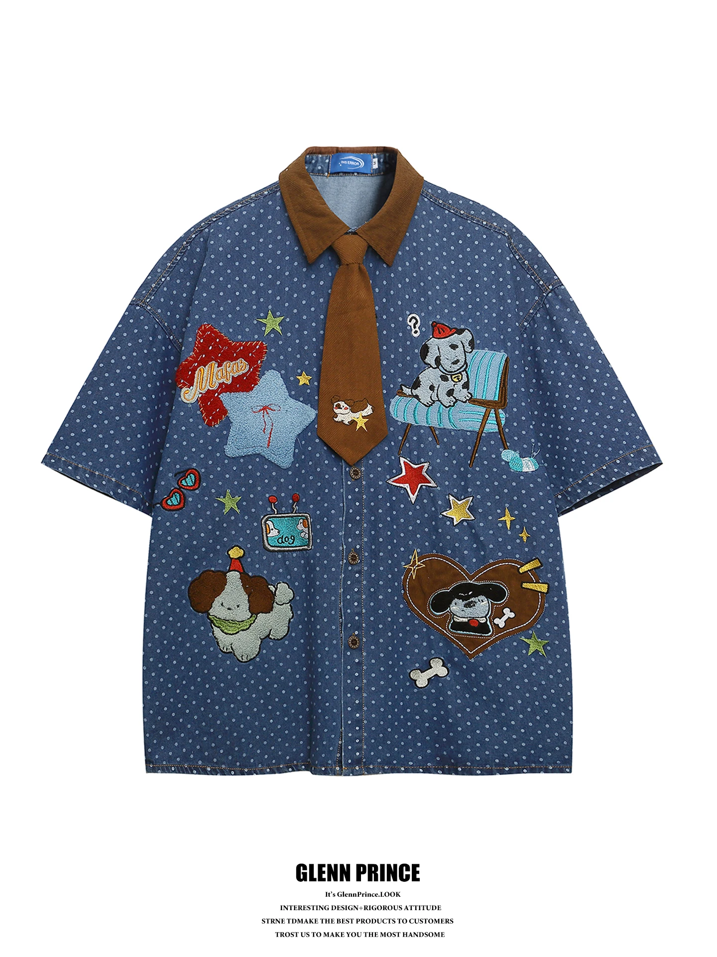 Retro Cartoon Dog Patchwork Embroidered Loose Short Sleeve Men's Denim Shirt Youthful Style Summer Breathable Cotton Casual Top
Retro Cartoon Dog Patchwork Embroidered Loose Short Sleeve Men's Denim Shirt Youthful Style Summer Breathable Cotton Casual Top