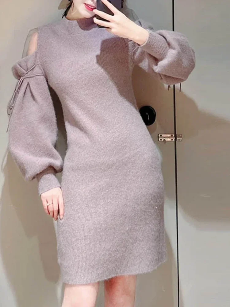 Elegant Half High Collar Pullover Sweater Dress Mesh Off Shoulder Long Sleeve Loose Robe Solid Casual Lace-up Sweet Vestidos
Elegant Half High Collar Pullover Sweater Dress Mesh Off Shoulder Long Sleeve Loose Robe Solid Casual Lace-up Sweet Vestidos