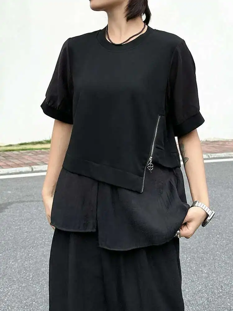Women Black Zipper Irregular Spliced Big Size T-shirt New Round Neck Short Sleeve Fashion Tide Spring Summer
Women Black Zipper Irregular Spliced Big Size T-shirt New Round Neck Short Sleeve Fashion Tide Spring Summer
