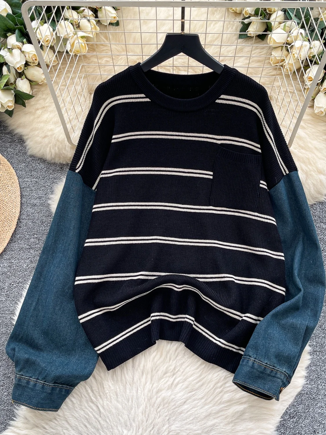 Retro Cool Striped round Ne Long Sve Knitted Sweater Women's Autumn Denim Patchwork Loose Meat Covering Casual Versatile...
Retro Cool Striped round Ne Long Sve Knitted Sweater Women's Autumn Denim Patchwork Loose Meat Covering Casual Versatile...