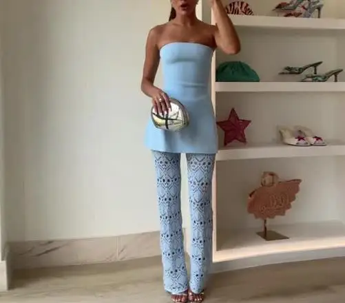 Women's 2-Piece Set New Fashion Personalized Style Solid Color Waist Cinched Strapless Top High Waisted Hollow Knitted Pants Set
Women's 2-Piece Set New Fashion Personalized Style Solid Color Waist Cinched Strapless Top High Waisted Hollow Knitted Pants Set