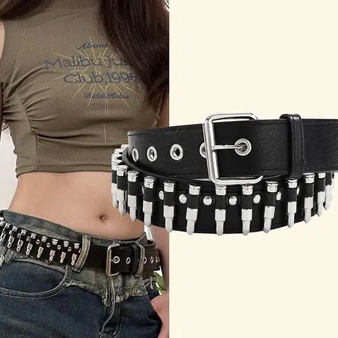Sturdy Punk Girl Bullet Rivet Belt; Fashionable Goth Inspired Leather Waistband