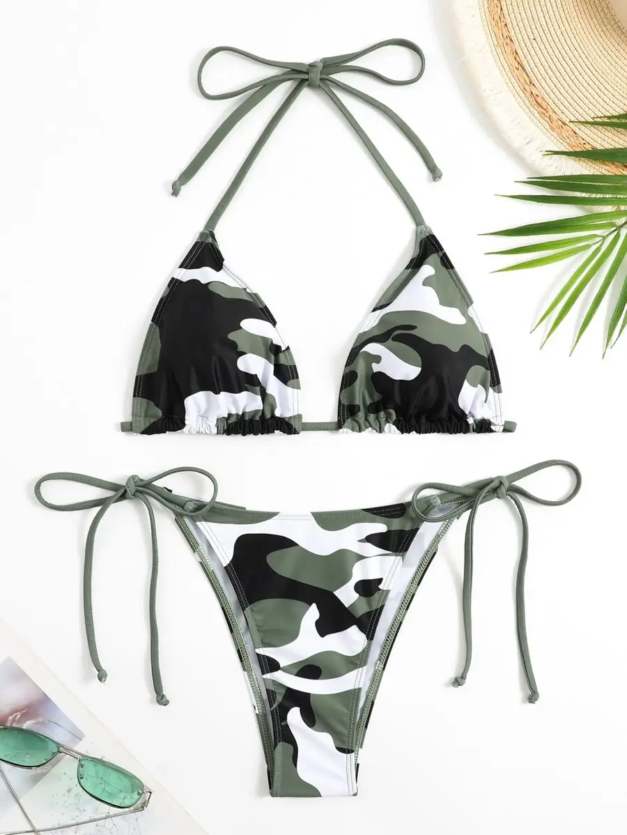 Camo Print Halter Triangle Bikini Set Tie Side Bottom Two Piece Swimwear
Camo Print Halter Triangle Bikini Set Tie Side Bottom Two Piece Swimwear