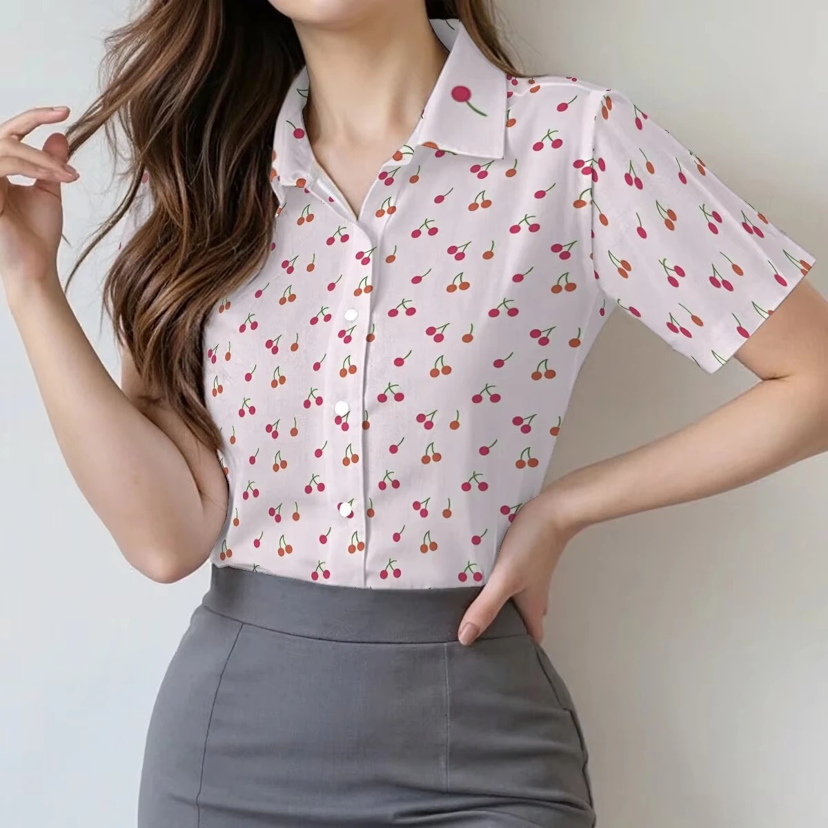 Gentle and feminine short-sleeved shirt with all-over cherry 3d print spring and summer thin style commuting and casual wear
Gentle and feminine short-sleeved shirt with all-over cherry 3d print spring and summer thin style commuting and casual wear