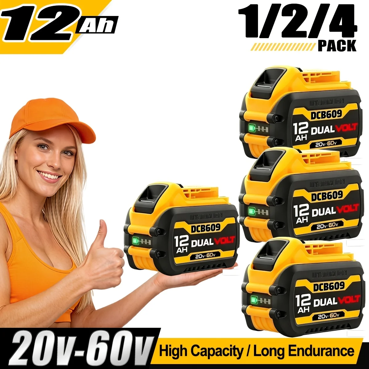 1/2/4 Pack 12.0Ah 20V/60V Max Battery Replacement For De-walt DCB610 DCB609 DCB606 DCB612 Compatible With Cordless Power Tools Lithium-ion
1/2/4 Pack 12.0Ah 20V/60V Max Battery Replacement For De-walt DCB610 DCB609 DCB606 DCB612 Compatible With Cordless Power Tools Lithium-ion
