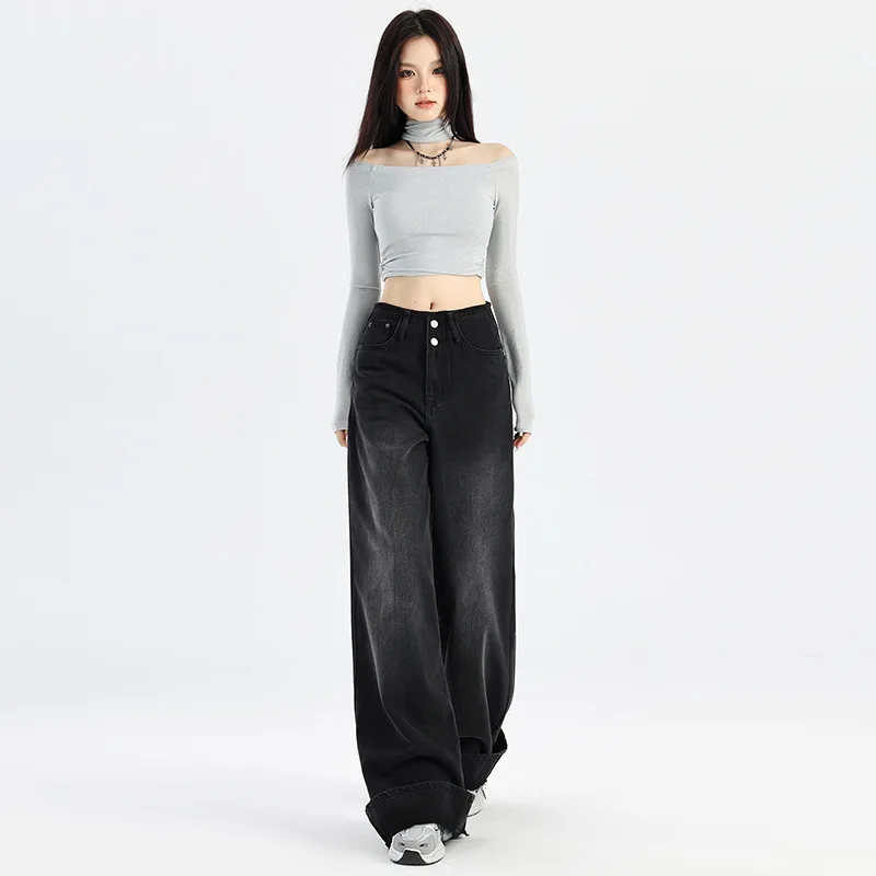 American-Style Black and Gray Wide-Leg Jeans Women's New High Waist Double Buckle Loose Slimming Curling Mop Pants
American-Style Black and Gray Wide-Leg Jeans Women's New High Waist Double Buckle Loose Slimming Curling Mop Pants