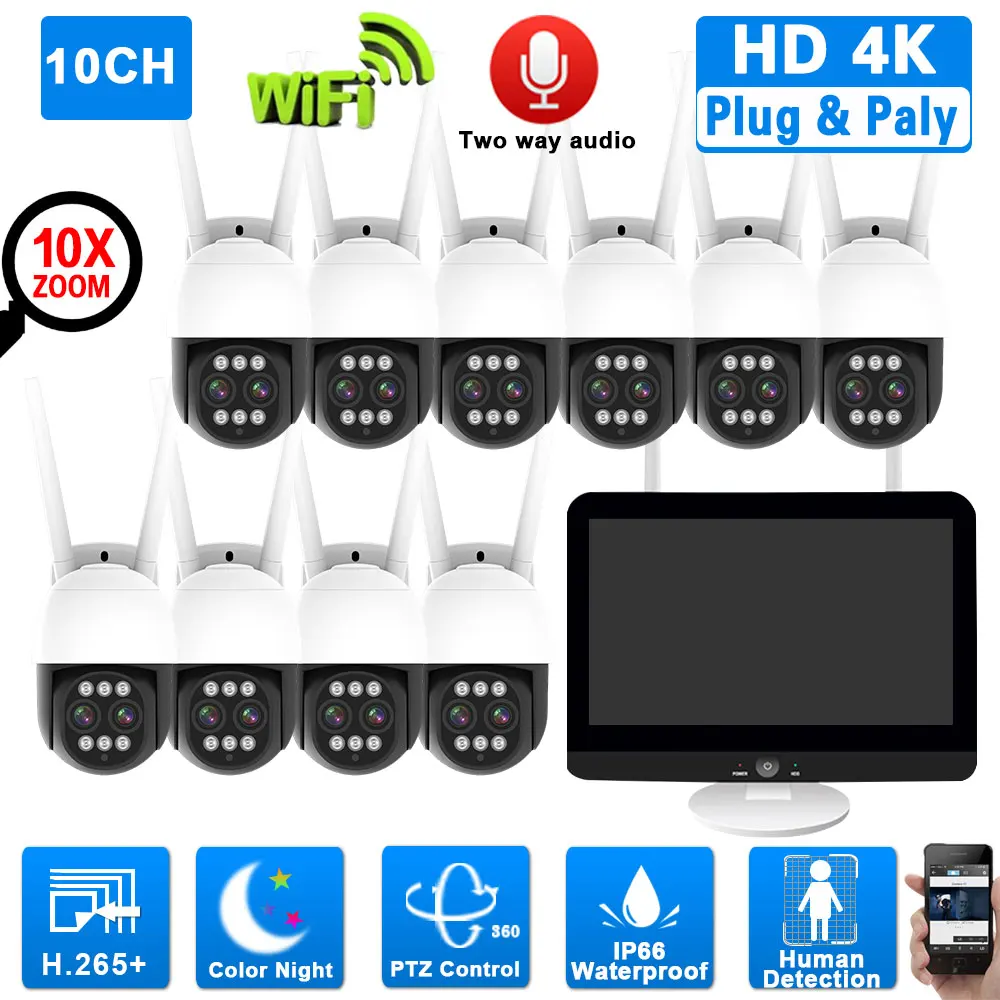 10X Zoom 4K 8MP Wireless PTZ Camera System 12.5 Inch LCD Monitor 2K HD Wifi IP Security Cameras 10CH CCTV Video Surveillance Kit
10X Zoom 4K 8MP Wireless PTZ Camera System 12.5 Inch LCD Monitor 2K HD Wifi IP Security Cameras 10CH CCTV Video Surveillance Kit