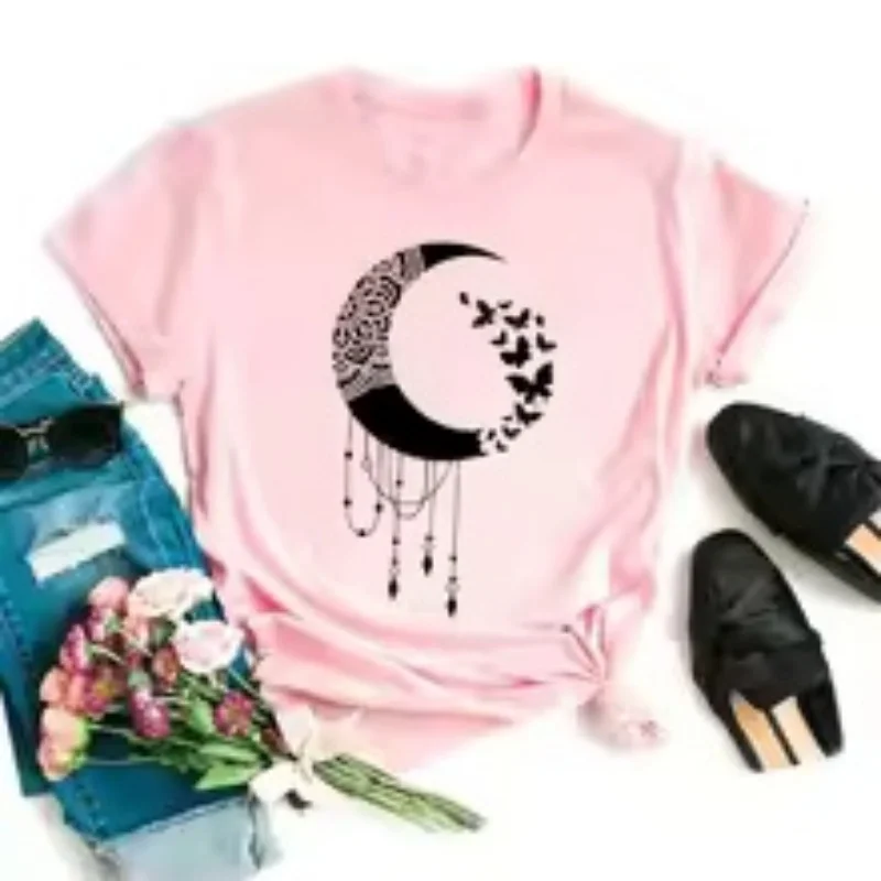 Summer fashion girl's fun crescent butterfly print 2 women's round neck short sleeved comfortable T-shirt gift top
Summer fashion girl's fun crescent butterfly print 2 women's round neck short sleeved comfortable T-shirt gift top