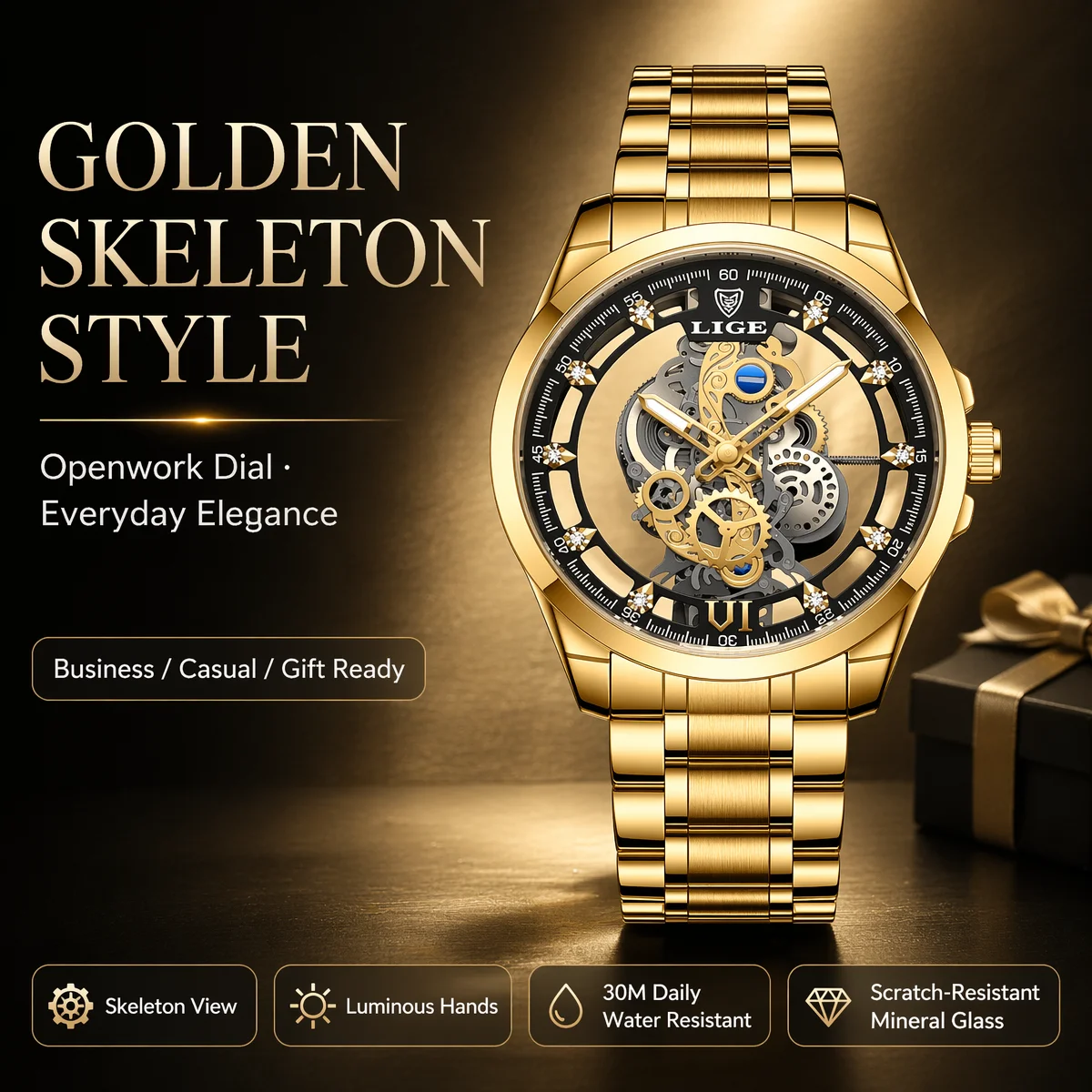 LIGE Men Gold Skeleton Quartz Watch Luxury Hollow Dial Waterproof Luminous Male Wristwatch Business Dress Golden Clock For Men
LIGE Men Gold Skeleton Quartz Watch Luxury Hollow Dial Waterproof Luminous Male Wristwatch Business Dress Golden Clock For Men