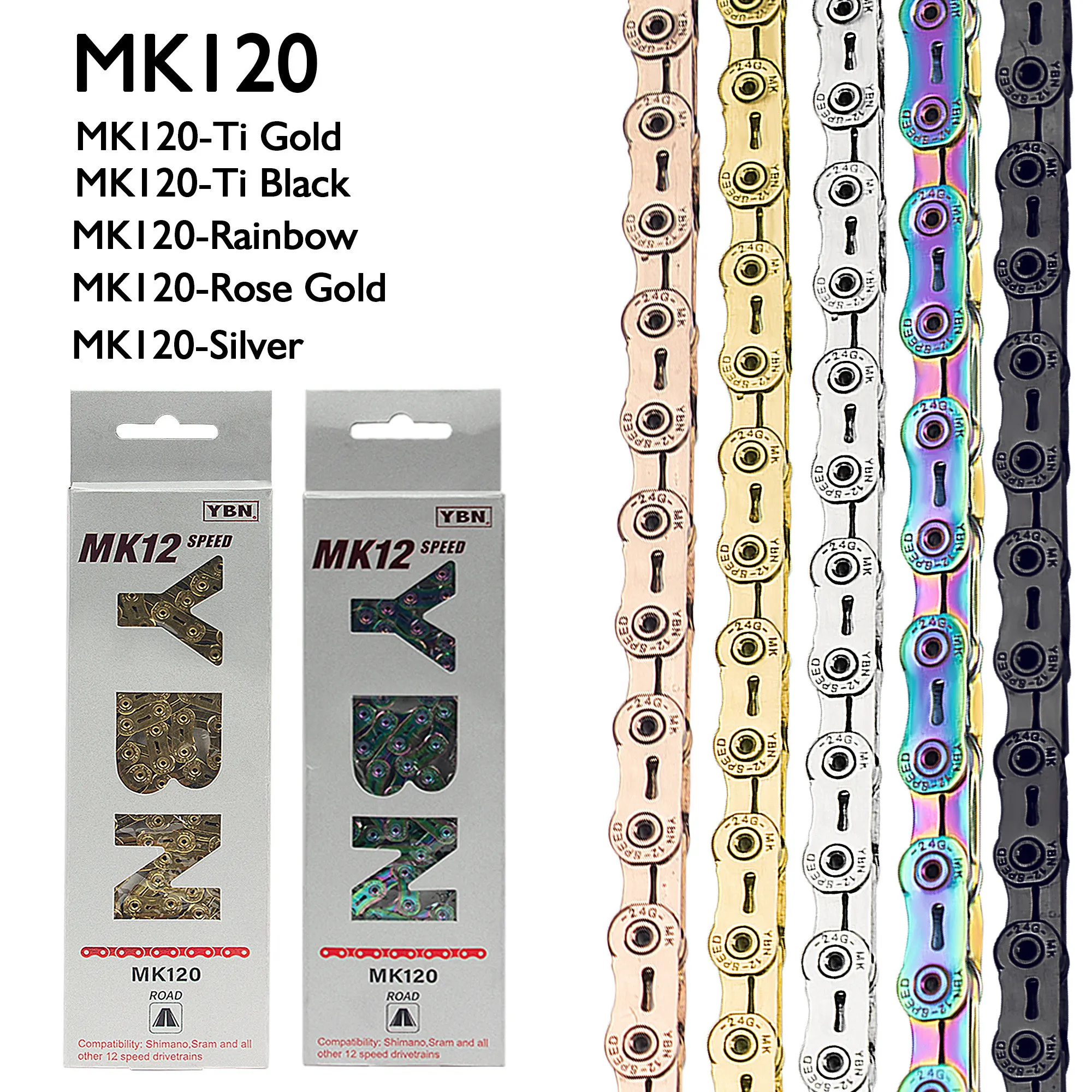 YBN 12 Speed Bike Chain MK120 Flattop Chain Ultralig Road Bike 126Link Hollow Oil Slick Titanium Coating for Shimano DA Sram RED
YBN 12 Speed Bike Chain MK120 Flattop Chain Ultralig Road Bike 126Link Hollow Oil Slick Titanium Coating for Shimano DA Sram RED