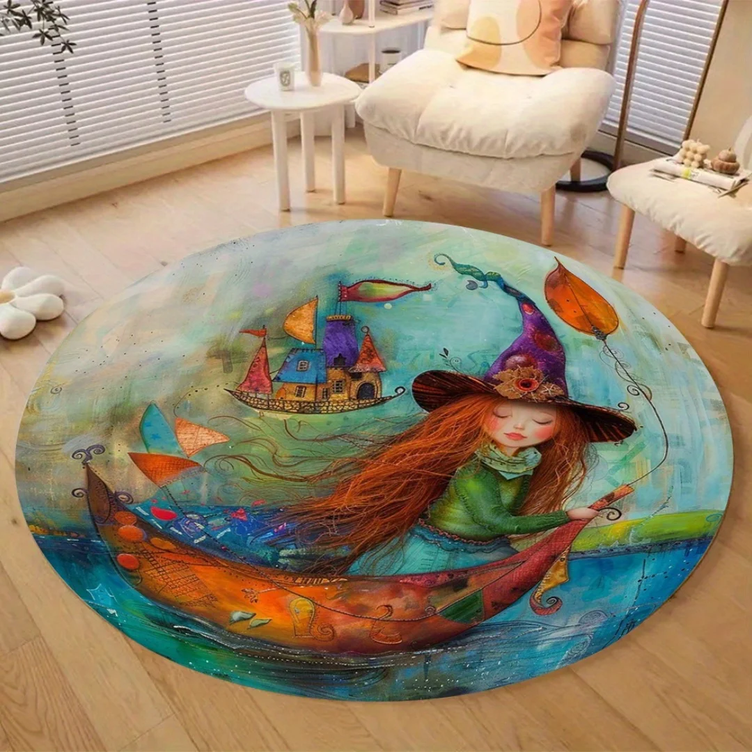 Round carpet with "Fantasy Illustration Style: Red-haired girl in pointed hat", home decoration floor mat
Round carpet with "Fantasy Illustration Style: Red-haired girl in pointed hat", home decoration floor mat