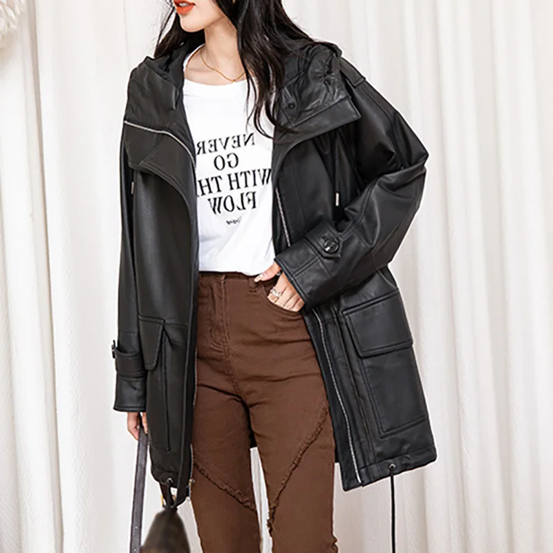 New 2023 Lady Hooded Genuine Sheepskin Leather Jacket Spring Autumn Women Trench Coat Long Fashion Overcoat With Belt TF5295
New 2023 Lady Hooded Genuine Sheepskin Leather Jacket Spring Autumn Women Trench Coat Long Fashion Overcoat With Belt TF5295