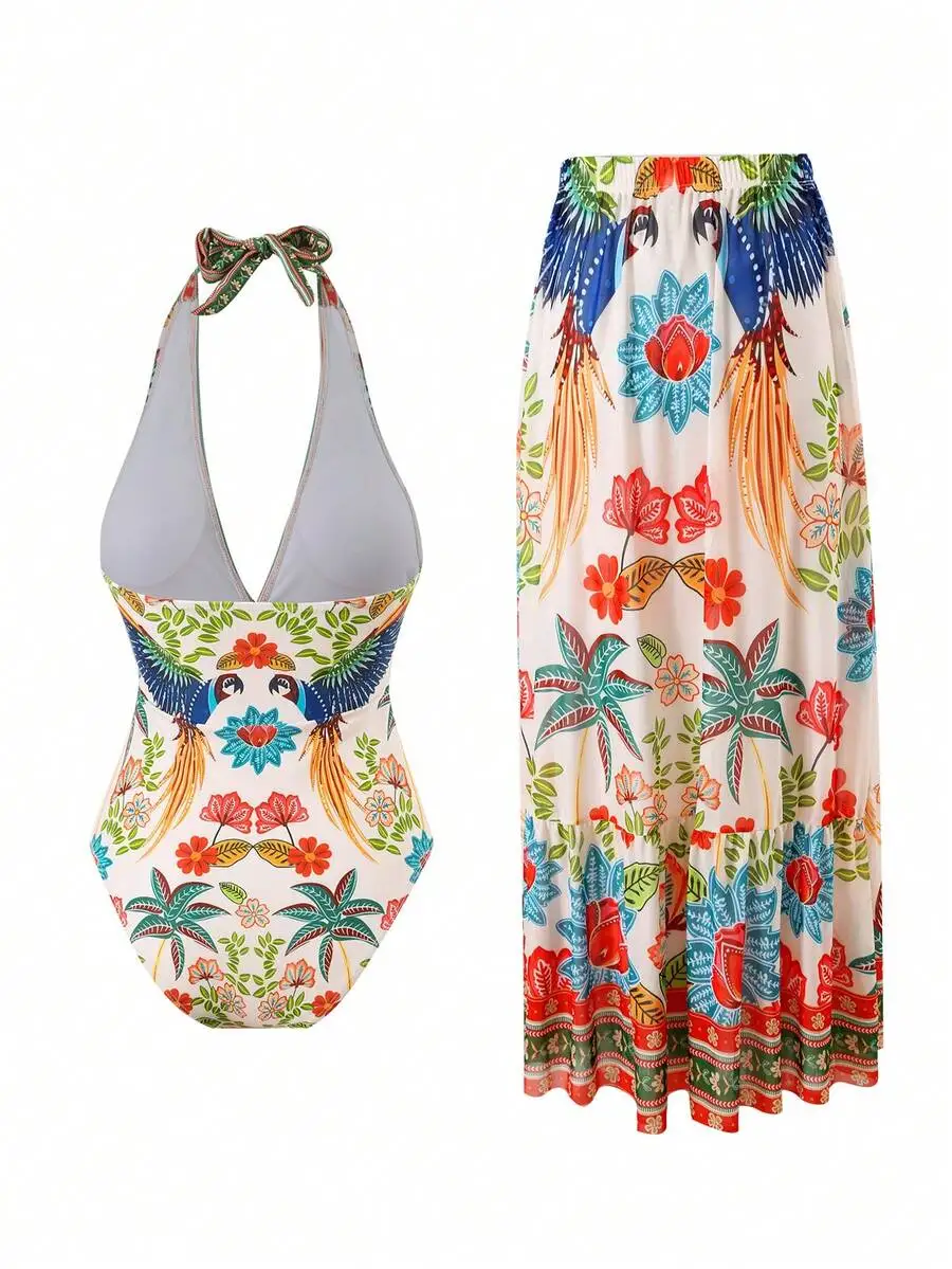 Womens Printed One-Piece Swimsuit With Long Mesh Skirt Boho Beach Set Summer Resort Wear
Womens Printed One-Piece Swimsuit With Long Mesh Skirt Boho Beach Set Summer Resort Wear