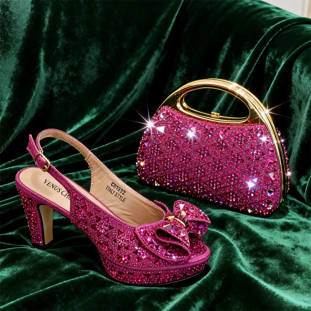Italian Design Hard Bags & Open Toe High Heels Set Fuchsia Color Blocking Hot Rhinestones Fashion Elegant Women High Heels
Italian Design Hard Bags & Open Toe High Heels Set Fuchsia Color Blocking Hot Rhinestones Fashion Elegant Women High Heels