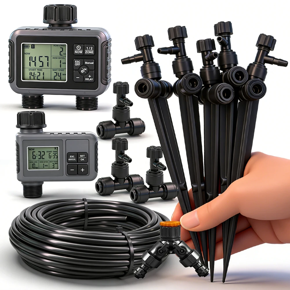 5-50M Programmable Timer Automatic Drip Irrigation Kit 1/4" Hose Regulating Valve Emitter Water-Saving Garden Watering System
5-50M Programmable Timer Automatic Drip Irrigation Kit 1/4" Hose Regulating Valve Emitter Water-Saving Garden Watering System