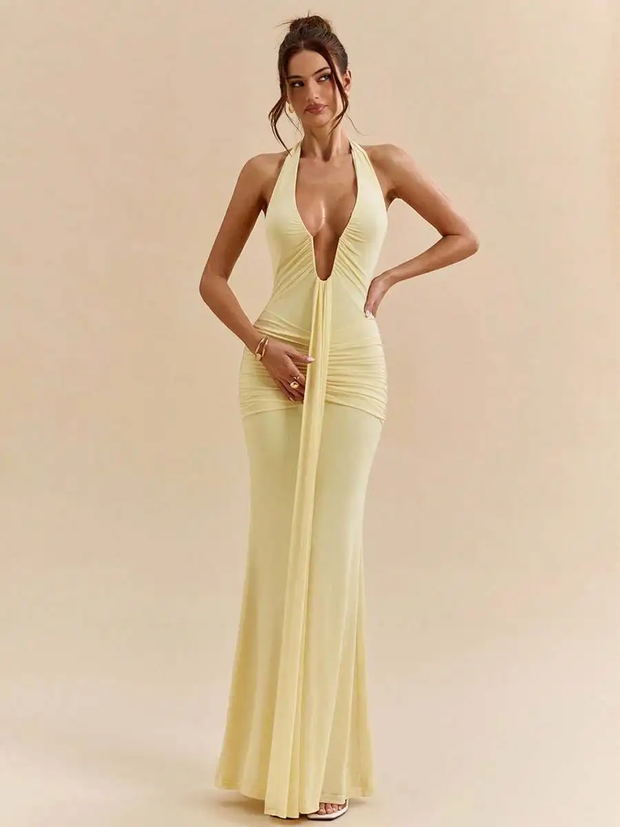 Elegant Cream Yellow Halter Deep V-Neck Ruched Maxi Dress for Party
Elegant Cream Yellow Halter Deep V-Neck Ruched Maxi Dress for Party