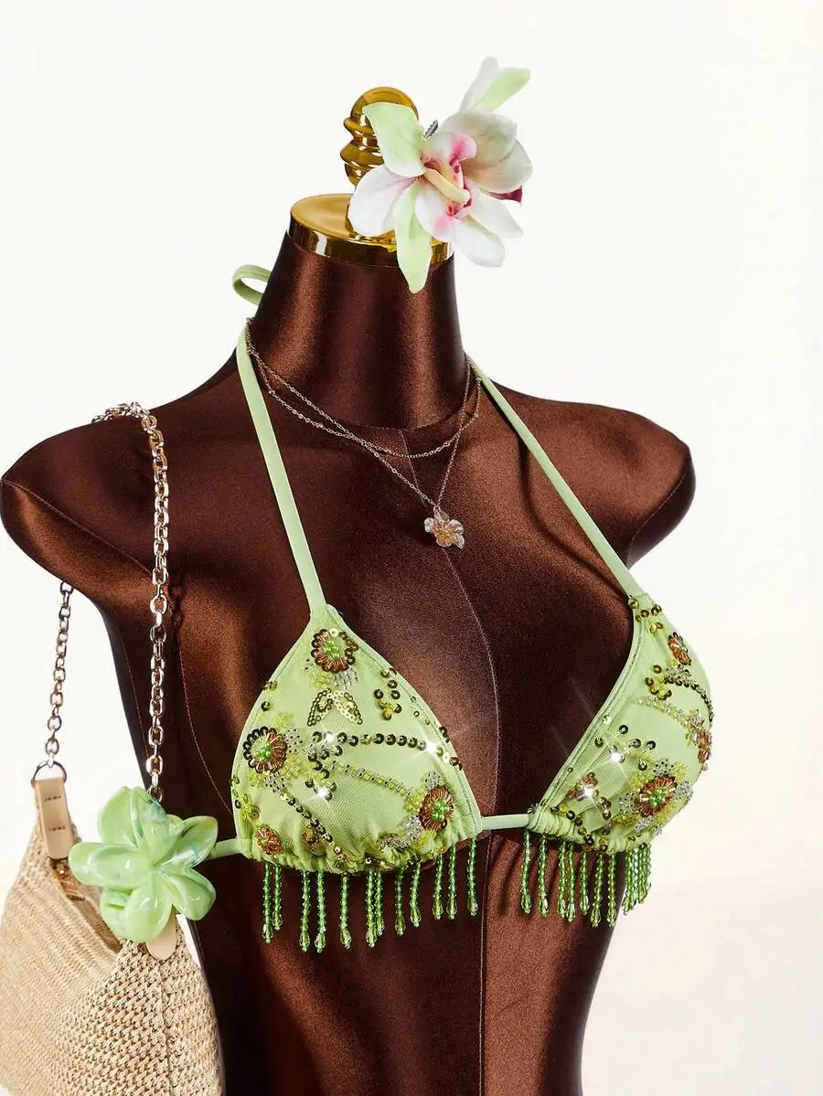 Sequin Embroidered Triangle Bikini Set With Tassels For Women Beach Swimwear
Sequin Embroidered Triangle Bikini Set With Tassels For Women Beach Swimwear