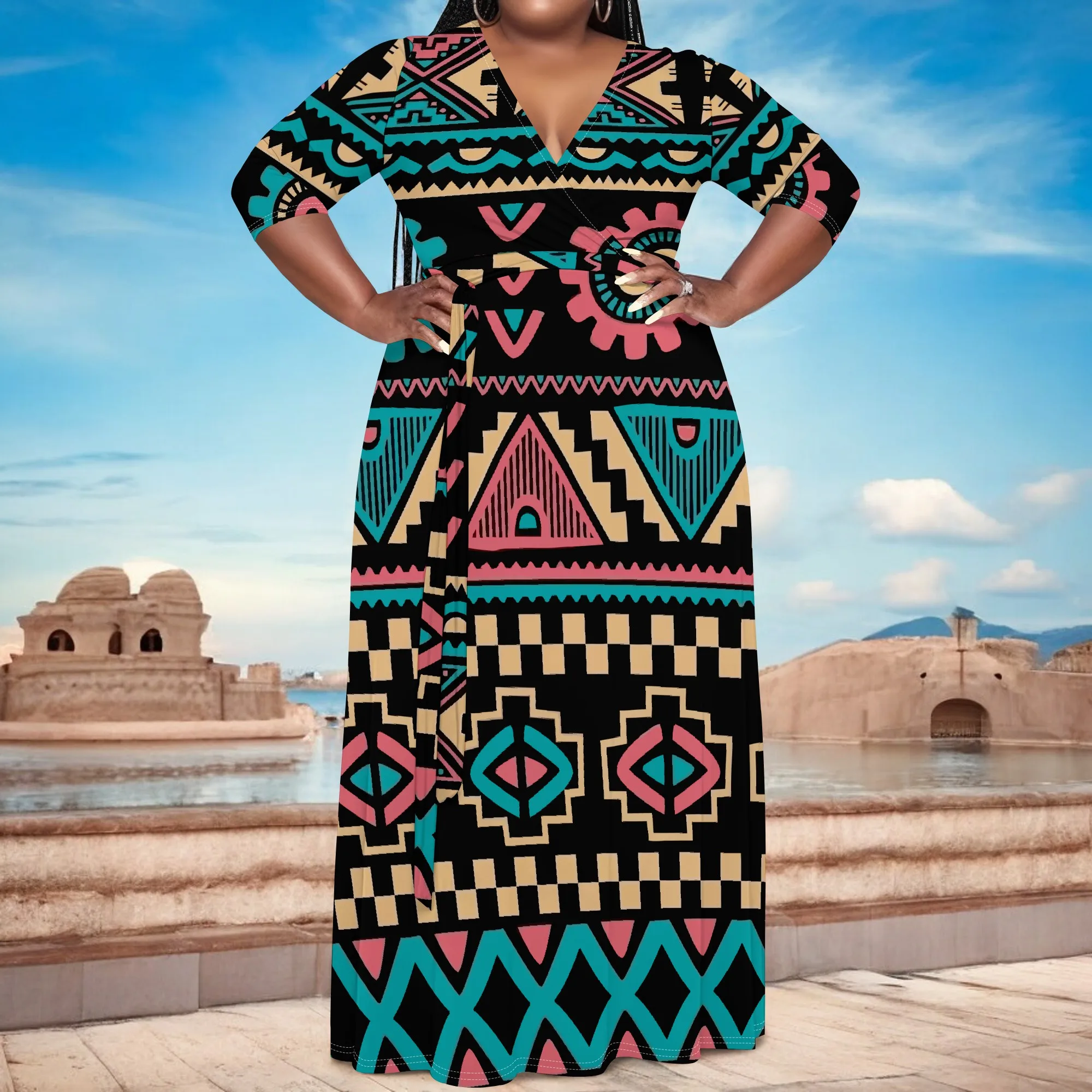 Plus Size Tribal Geometric Long Sleeve V-Neck Maxi Dress with Belt - Women's Bold Cultural Party Resortwear
Plus Size Tribal Geometric Long Sleeve V-Neck Maxi Dress with Belt - Women's Bold Cultural Party Resortwear