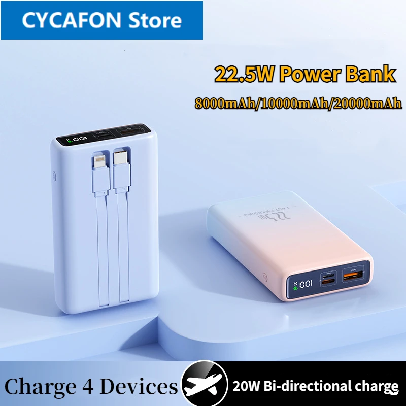 22.5W PD20W Power Bank 8000mAh/20000mAh for iPhone 15 for Samsung Xiaomi Colorful PowerBank Bi-directional Charging with Cable
22.5W PD20W Power Bank 8000mAh/20000mAh for iPhone 15 for Samsung Xiaomi Colorful PowerBank Bi-directional Charging with Cable