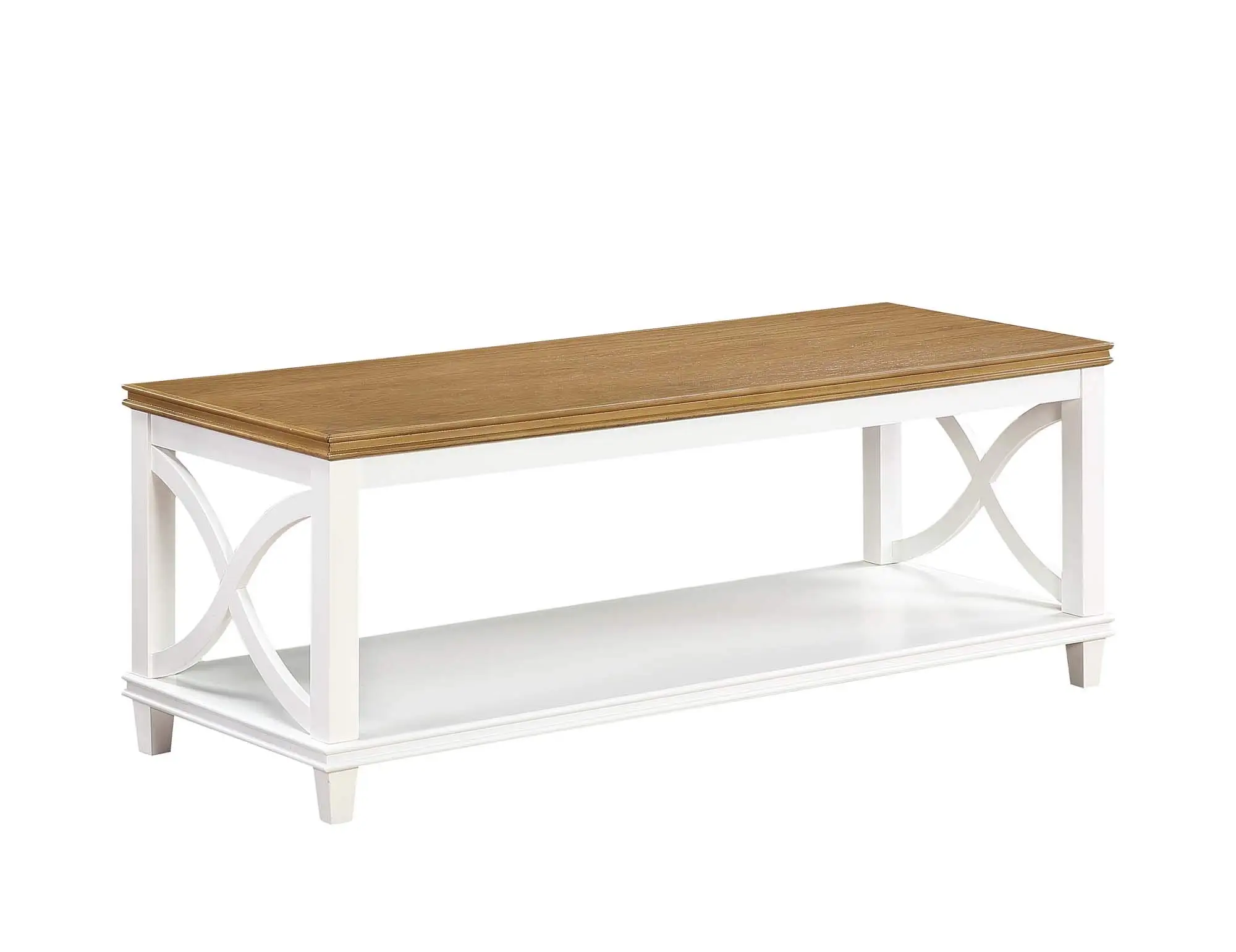 White Wood Coffee Table With X-Design Legs And Lower Shelf
White Wood Coffee Table With X-Design Legs And Lower Shelf
