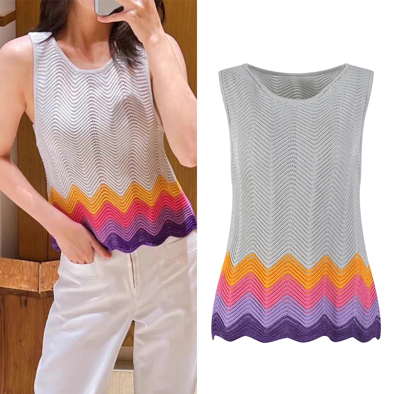 Высококачественный вязаный жилет цвета радуги, внутренняя одежда, Новое поступление лета, женский модный топ обычной длины
Высококачественный вязаный жилет цвета радуги, внутренняя одежда, Новое поступление лета, женский модный топ обычной длины