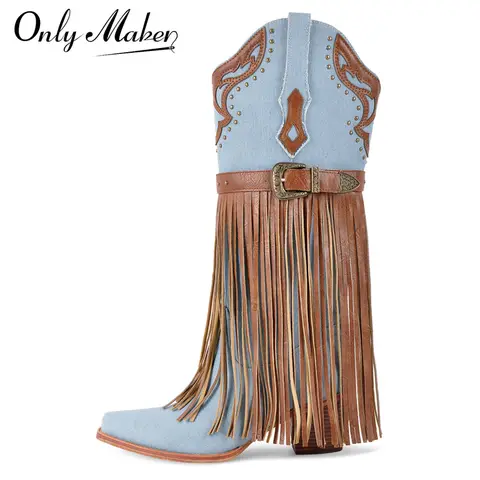 Onlymaker Women Pointed Toe Pull-on Knee High Fringe Boots Comfy Pull On Mid Calf Chunky Heel Embroidered Western Boots