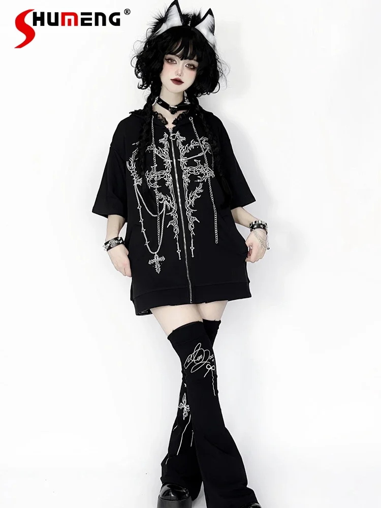 Japanese Harajuku Subcultures Printed Short Sleeve Chain Rivets Lace Splicing Ears Hooded Zipper Loose T-shirt Top Women Summer
Japanese Harajuku Subcultures Printed Short Sleeve Chain Rivets Lace Splicing Ears Hooded Zipper Loose T-shirt Top Women Summer