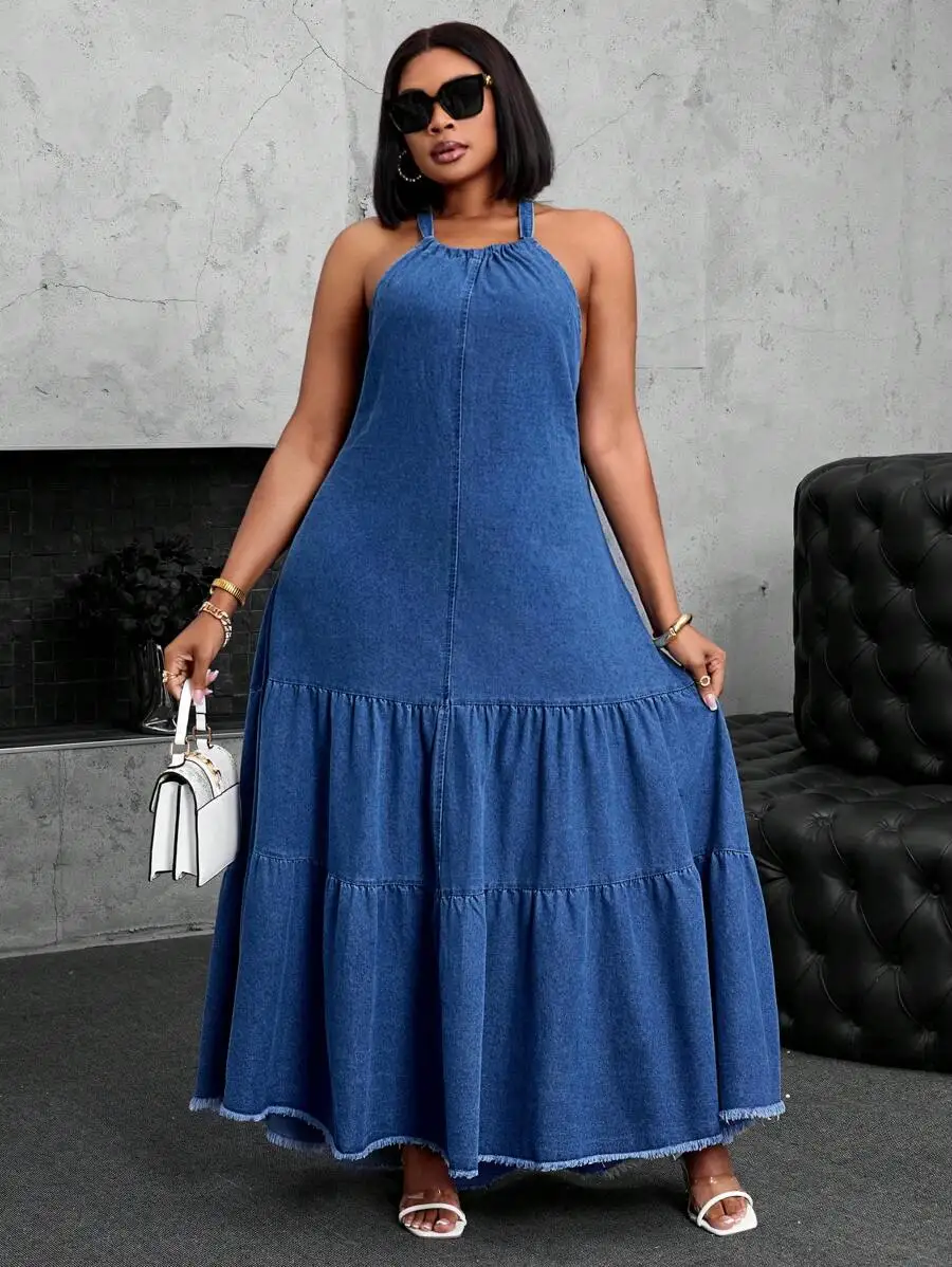 Plus Size Halter Super Long Denim Maxi Dress For Women Festival Vacation Outfit
Plus Size Halter Super Long Denim Maxi Dress For Women Festival Vacation Outfit