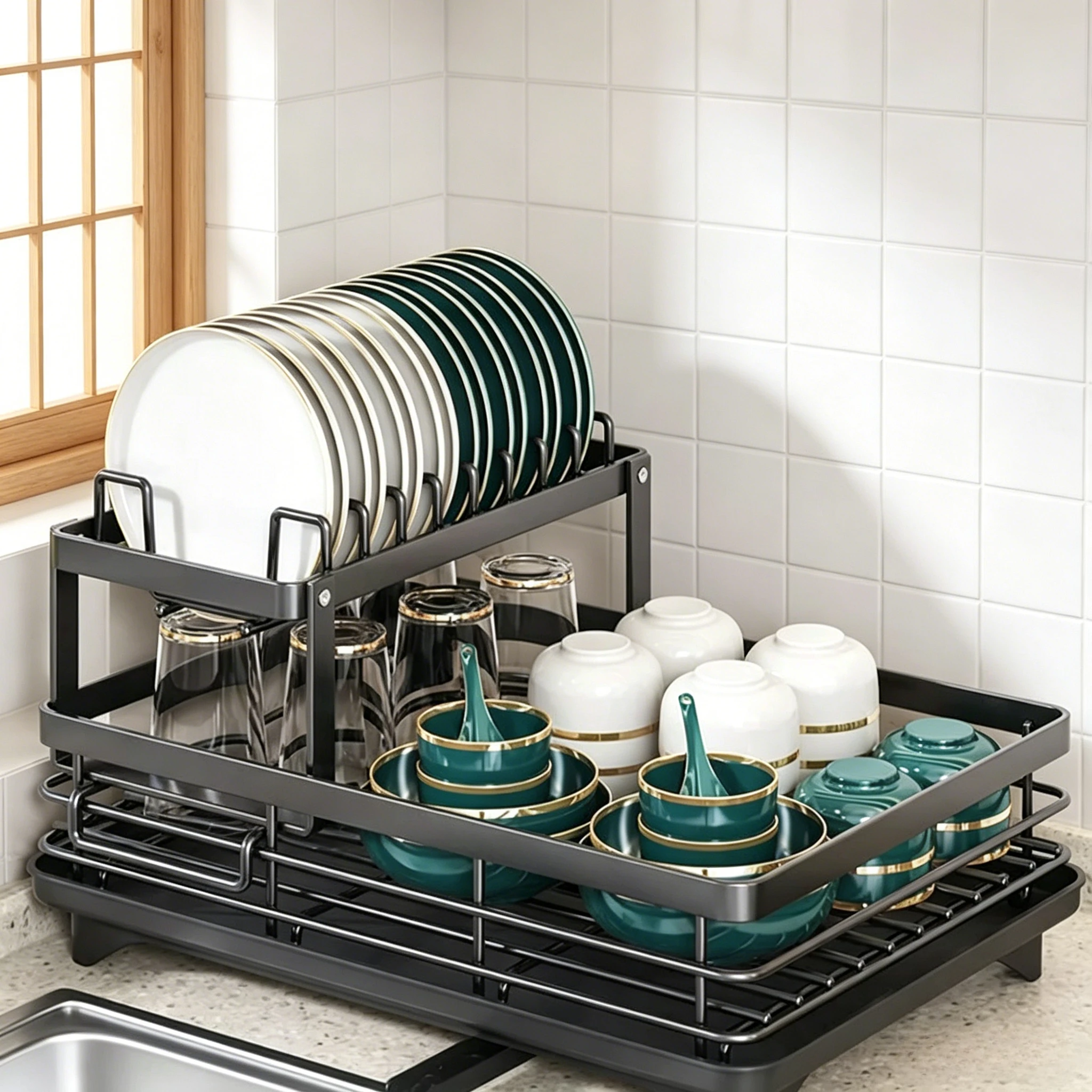 2-Tier Adjustable Carbon Steel Dish Drying Rack Kitchen Counter Dish Drainer Plates Bowls Cutlery Storage Organizer
2-Tier Adjustable Carbon Steel Dish Drying Rack Kitchen Counter Dish Drainer Plates Bowls Cutlery Storage Organizer