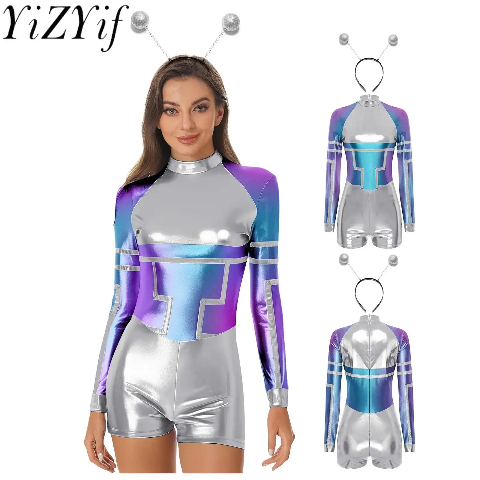 Fashion Alien Robot Astronaut Cosplay Bodysuits And Headwear Set Female Shiny Patchwork Robot Outfits for Halloween Theme Party
Fashion Alien Robot Astronaut Cosplay Bodysuits And Headwear Set Female Shiny Patchwork Robot Outfits for Halloween Theme Party