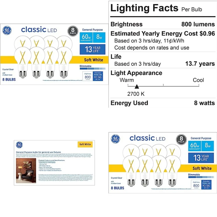 60 Watt EQ A19 Classic Crystal Clear Soft White Medium Base e-26 Dimmable LED Light Bulb 8-Pack
60 Watt EQ A19 Classic Crystal Clear Soft White Medium Base e-26 Dimmable LED Light Bulb 8-Pack