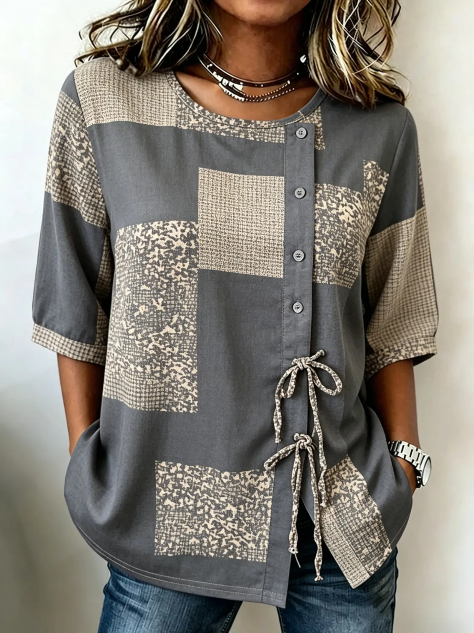 Women's Grey Patchwork Print Drawstring Button Up Blouse, Casual Round Neck Tops for Spring Summer Daily Vacation Wear
Women's Grey Patchwork Print Drawstring Button Up Blouse, Casual Round Neck Tops for Spring Summer Daily Vacation Wear